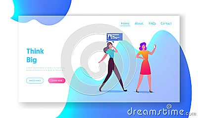 Facial Recognition Landing Page Template. Female Characters Scanning Face on Smartphone for Id Verification Vector Illustration