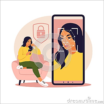 Facial recognition system concept. Face ID, face recognition system. Facial biometric identification system scanning on smartphone Vector Illustration