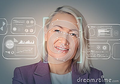 Facial recognition system. Woman with scanner frame on face, information Stock Photo