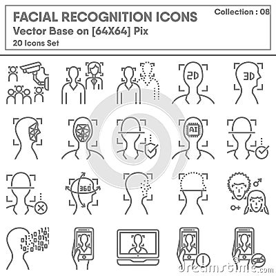 Facial Recognition and Technology Verification Icons Set, Icon Collection of Security Identify System. AI Detection and Human Face Stock Photo