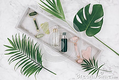 Facial roller from crystal rose quartz and massage tool jade Gua sha on the tray on grey background with palm leaves. Stock Photo