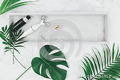 Facial roller from crystal rose quartz and massage tool jade Gua sha on the tray on grey background with palm leaves. Stock Photo