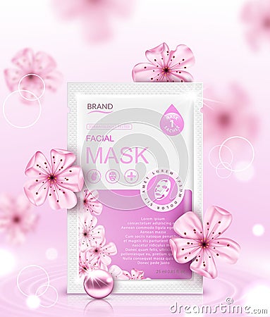 Facial sheet mask sachet package and sakura flowers. Vector realistic illustration on pink background Cartoon Illustration