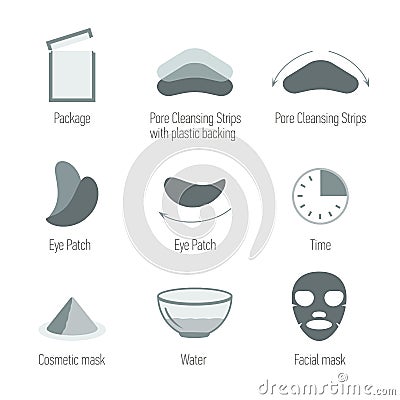 Facial skin care icons set. Cleansing the skin and maintain healthy skin. Skin health, symbols collection. Cartoon Illustration