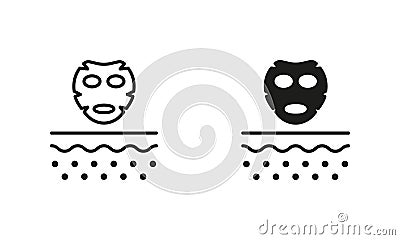 Facial Skin Mask Line and Silhouette Black Icon Set. Cosmetic Hygiene Skin Care Pictogram. Beauty SPA Face Mask Vector Illustration