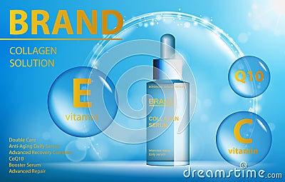Facial Treatment Essence Skin Care Cosmetic contained. Blue translucent glass bottle template. Design cosmetics product Vector Illustration
