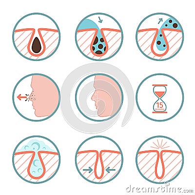 Facial treatments icons. Treatment of skin diseases, sebum removal and pores cleaning vector illustration Vector Illustration