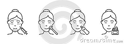 Facial Woman Beauty Procedure Line Icon. Facial Massage with Roller, Injection, Ultrasonic Cleansing Linear Pictogram Vector Illustration