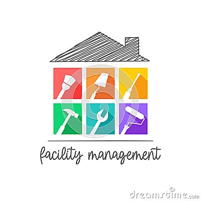 Facility management service with house or building and colorful work tool icon set Vector Illustration