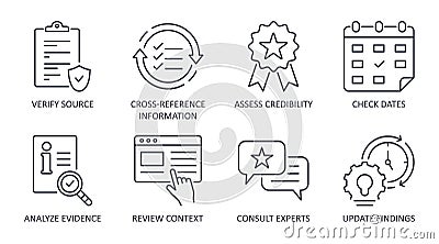 Fact-checking vector icons. Process of verifying news and information, media claims and statements. Checking the source of data, Vector Illustration