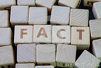 Fact, truth or knowledge that share across people and society concept, cube wooden block with alphabet combine the word Fact on Stock Photo