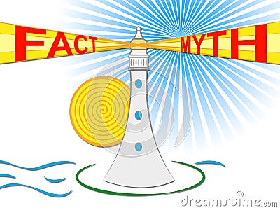 Fact Vs Myth Lighthouse Describes Truthful Reality Versus Deceit - 3d Illustration Stock Photo