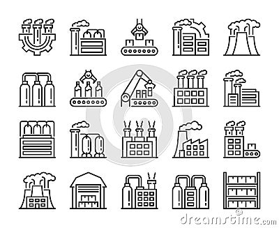 Factories icons. Factory and Industry line icon set. Vector illustration. Editable stroke. Vector Illustration