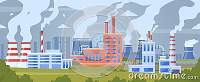 Factory air pollution. Industrial smog pollution, polluted urban landscape, chimney pipe factory toxic smoke clouds Vector Illustration