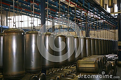 On the factory Assembly line billet stainless steel boiler for Autonomous hot water supply. Stock Photo