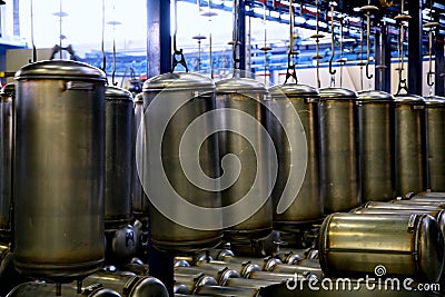 On the factory Assembly line billet stainless steel boiler for Autonomous hot water supply. Stock Photo