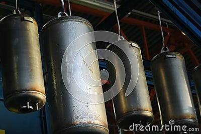 On the factory Assembly line billet stainless steel boiler for Autonomous hot water supply. Stock Photo