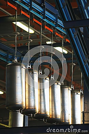 On the factory Assembly line billet stainless steel boiler for Autonomous hot water supply. Stock Photo