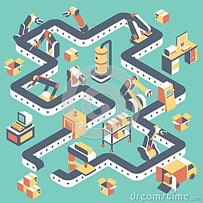 Factory automated production line vector flat isometric illustration Vector Illustration