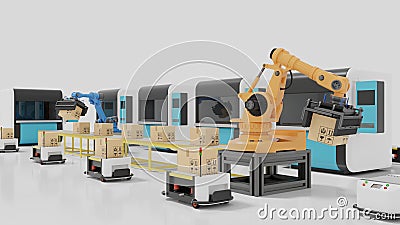 Factory Automation with AGVs, 3D printers and robotic arm,3D rendering Stock Photo