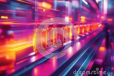 factory automation, dynamic banner design featuring bottles smoothly gliding on conveyors, embodying efficiency and Stock Photo