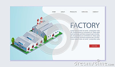 Factory building vector webpage template. Concept of perfect manufactory plant. Creative isometric illustration for Vector Illustration