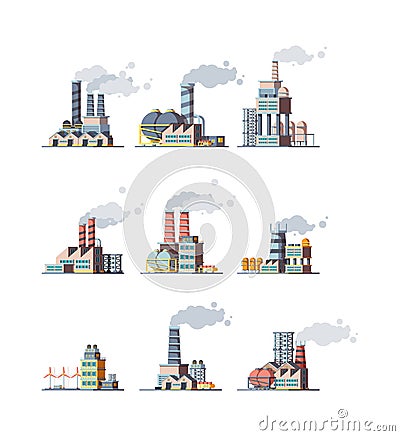 Factory buildings. Industrial urban power constructions with pipelines vector factory flat pictures Vector Illustration