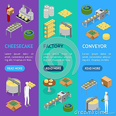 Factory Cheese Production Line Elements and Staff Banner Vecrtical Set. Vector Vector Illustration