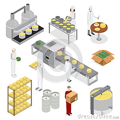 Factory Cheese Production Line Elements and Staff. Vector Vector Illustration