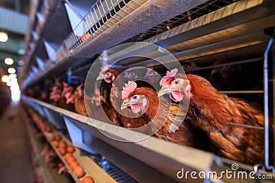 Factory chicken egg production. Red chickens are seated in special cages. Linear perspective. Agribusiness company. Concept theme Stock Photo