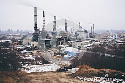 Factory chimneys pollute air, coat area in soot, people wear masks in industrial zone Stock Photo