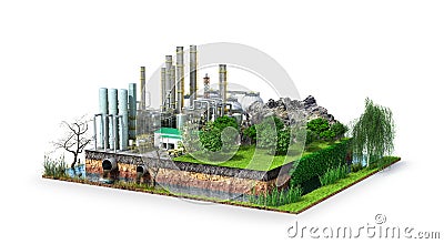 Factory. The concept of global disaster. Earth with geological soil cross section Cartoon Illustration