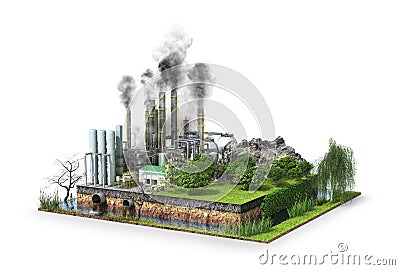 Factory. The concept of global disaster. Earth with geological soil cross section Cartoon Illustration
