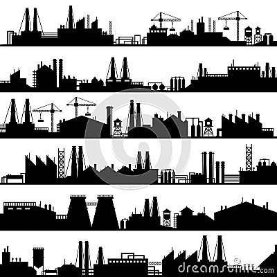 Factory construction silhouette. Industrial factories, refinery panorama and manufacture buildings skyline vector Vector Illustration