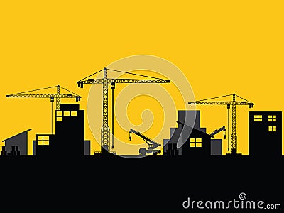 Factory construction site mobile cranes city silhouette Vector Illustration