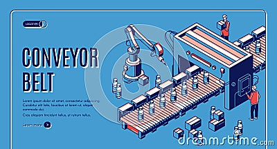 Factory conveyor belt landing page. Robotic arms. Vector Illustration