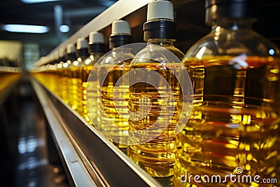 Factory conveyor line filling bottles with sunflower and vegetable oil in close up Stock Photo