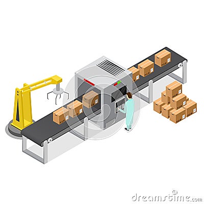 Factory Conveyor System Belt Isometric View. Vector Vector Illustration