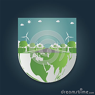 Factory ecology,Industry icon,Wind turbines with trees and sun Clean energy with road eco-friendly concept ideas,Green cities help Vector Illustration