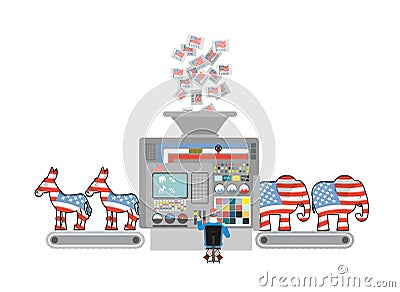 Factory elections in America. Uncle Sam says Democrats and Republicans. Voices of voters. Accounting machine. Operator Vector Illustration