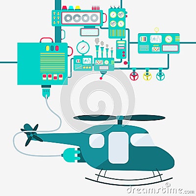 Factory and electric helicopter Vector Illustration