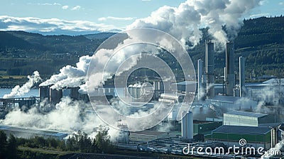 A factory emitting clean white steam as it produces biofuel energy showcasing the citys commitment to renewable Stock Photo