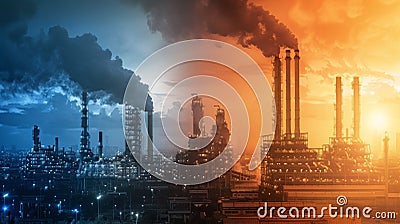 A factory emitting smoke and polluted air into the atmosphere contrasting with a separate image of a modern efficient Stock Photo