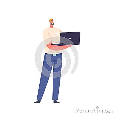 Factory Engineer Male Character With Laptop Uses Technology To Manage Production, Troubleshoot Machines, Illustration Vector Illustration