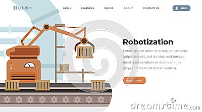 Factory equipment robotization vector landing page. Automated production line, containers on conveyor belt, robot hand Vector Illustration