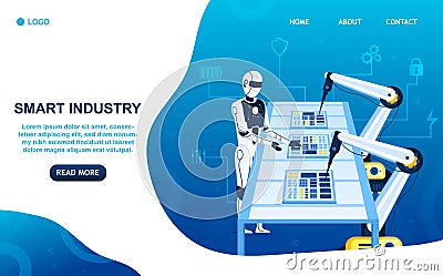 Factory future concept. The humanoid robot controls the production process Robotic Arms. Assembly of computer chips Vector Illustration