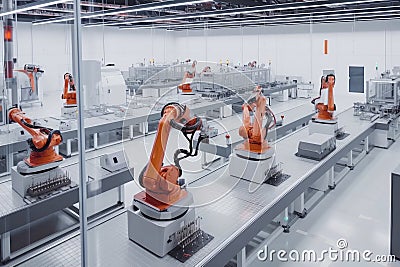 a factory of the future, where automated systems and robots work in tandem with human employees Stock Photo