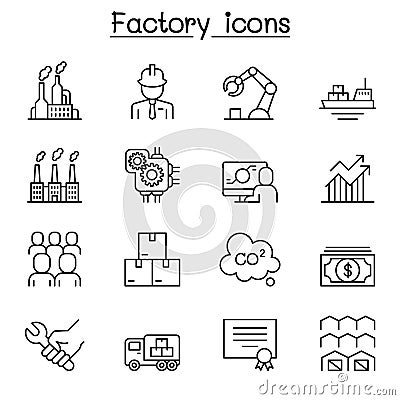 Factory, Industrial Building, Manufacturing icon set in thin line style Vector Illustration