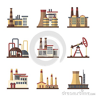 Factory industrial building and manufacturing plants vector flat icons Vector Illustration