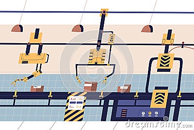 Factory industrial production line vector flat illustration. Colorful modern automatic conveyor belt. Manufacture Vector Illustration